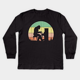 Bigfoot Sasquatch Playing The Piano Vintage Sunset Musical Instrument Kids Long Sleeve T-Shirt